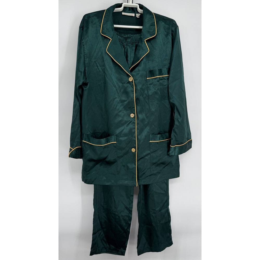 Victoria's Secret Emerald Green Satin Pajama Set Gold Piping Medium Long Sleeve